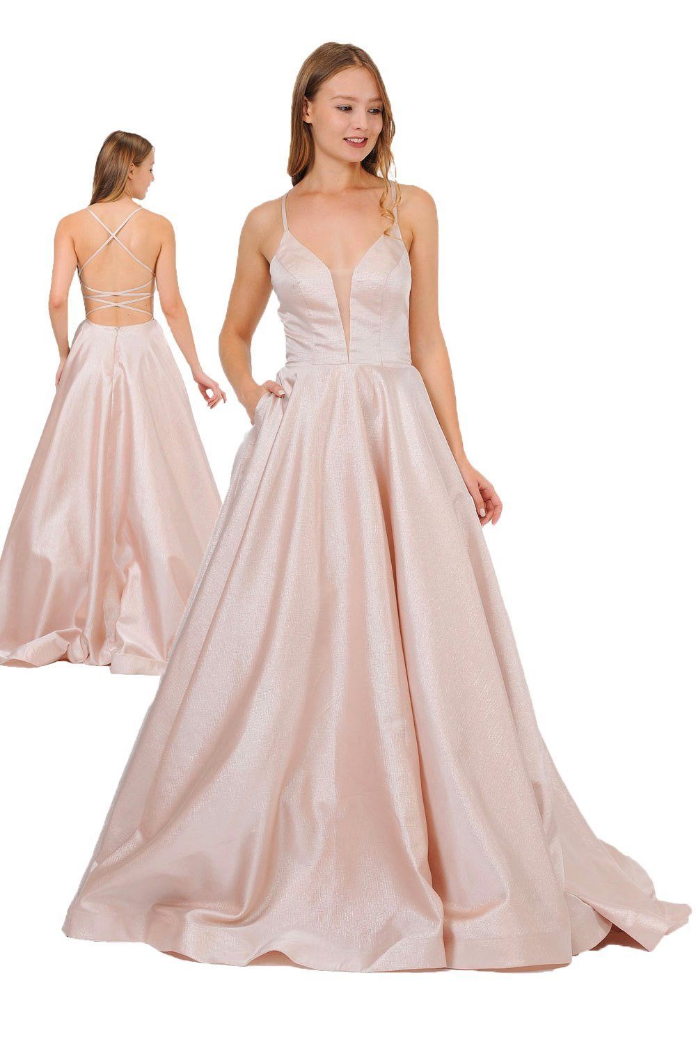 Long Satin V-Neck Dress with Crisscross Back by Poly USA 8456-Long Formal Dresses-ABC Fashion