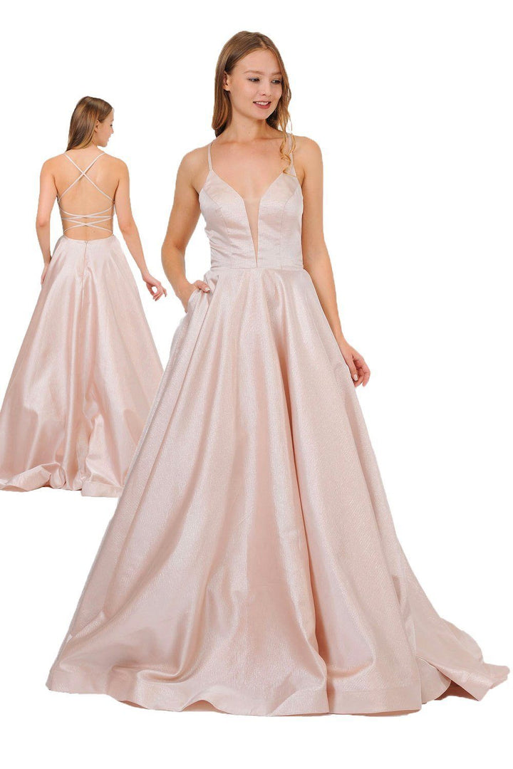 Long Satin V-Neck Dress with Crisscross Back by Poly USA 8456-Long Formal Dresses-ABC Fashion