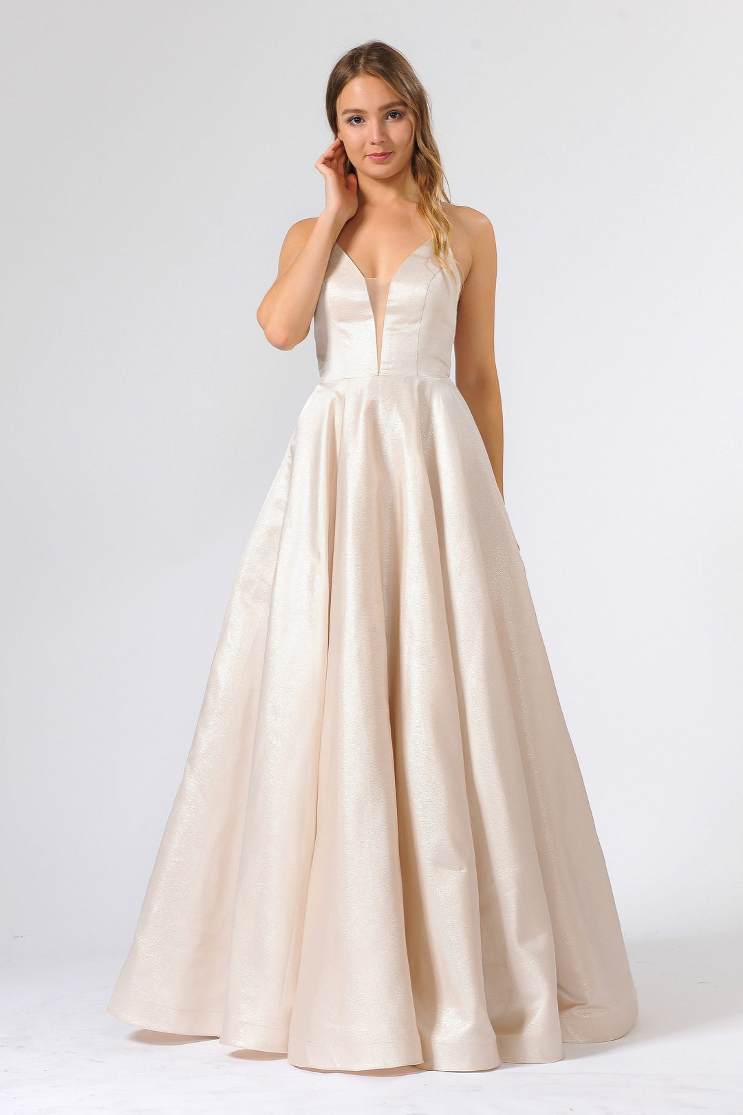 Long Satin V-Neck Dress with Crisscross Back by Poly USA 8456-Long Formal Dresses-ABC Fashion