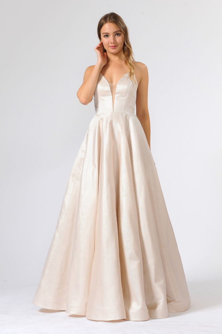 Long Satin V-Neck Dress with Crisscross Back by Poly USA 8456-Long Formal Dresses-ABC Fashion