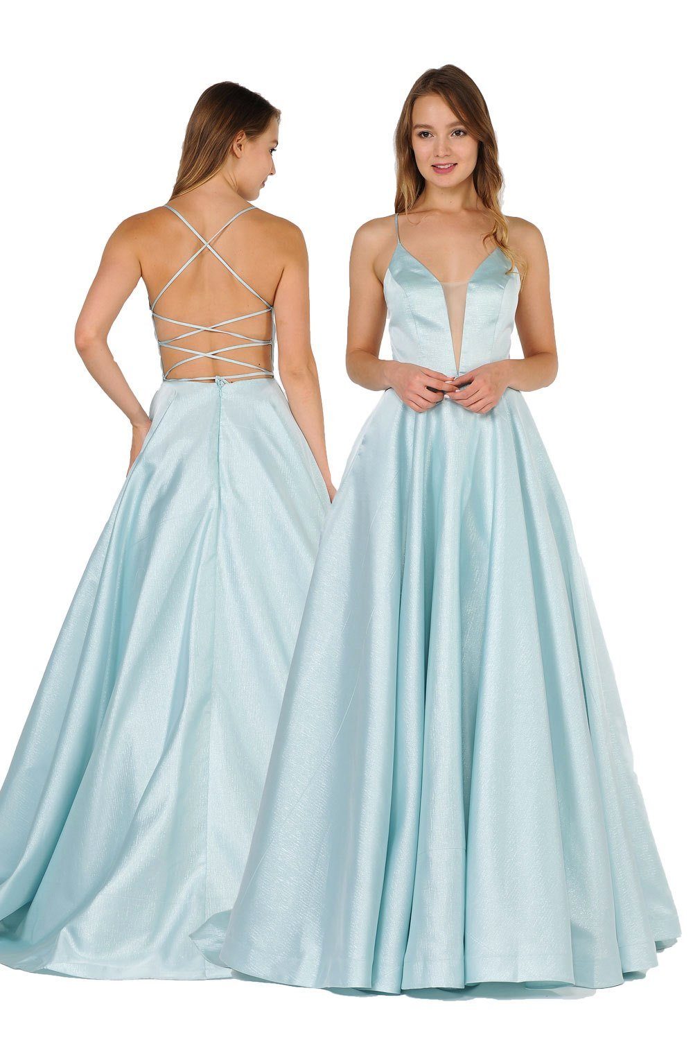 Long Satin V-Neck Dress with Crisscross Back by Poly USA 8456-Long Formal Dresses-ABC Fashion