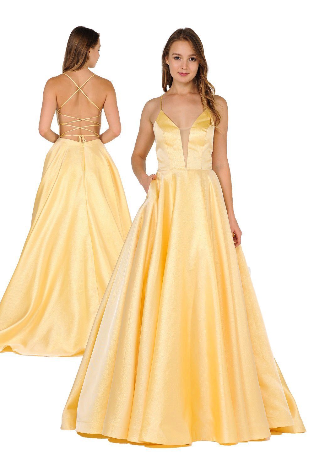 Long Satin V-Neck Dress with Crisscross Back by Poly USA 8456-Long Formal Dresses-ABC Fashion