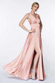 Long Satin V-Neck Dress with Leg Slit by Cinderella Divine 7469-Long Formal Dresses-ABC Fashion