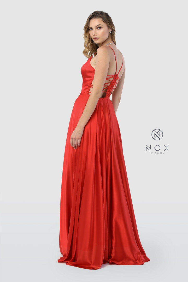 Long Satin V-Neck Dress with Open Caged Back by Nox Anabel A180-Long Formal Dresses-ABC Fashion