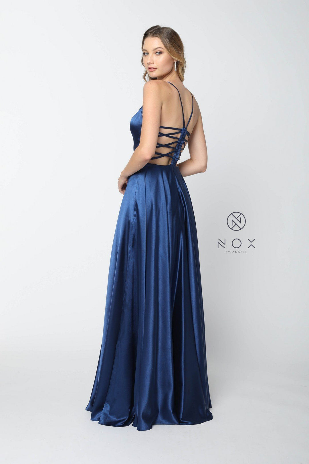 Long Satin V-Neck Dress with Open Caged Back by Nox Anabel A180-Long Formal Dresses-ABC Fashion