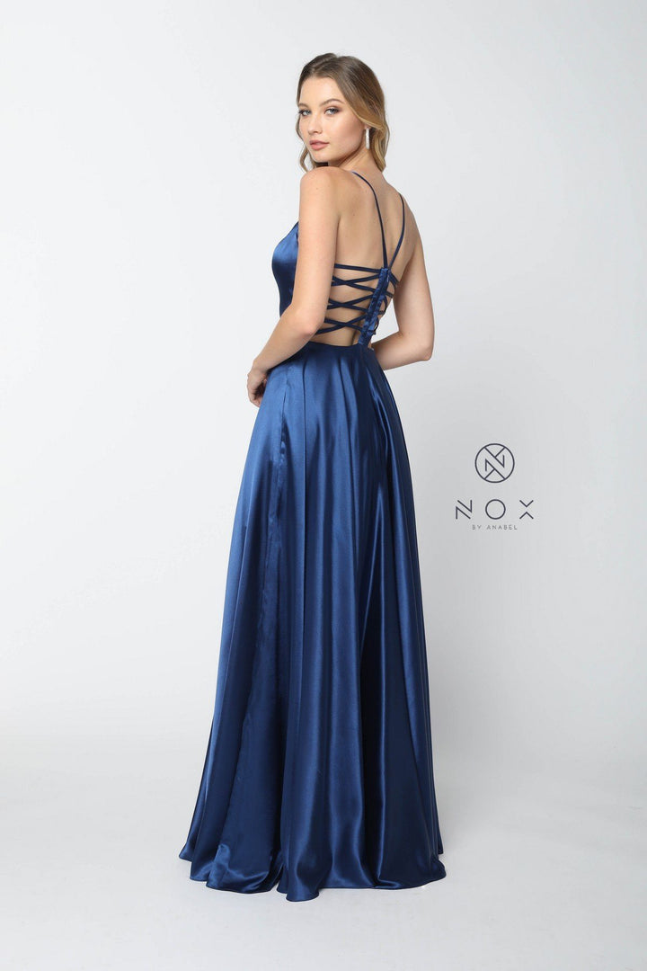 Long Satin V-Neck Dress with Open Caged Back by Nox Anabel A180-Long Formal Dresses-ABC Fashion