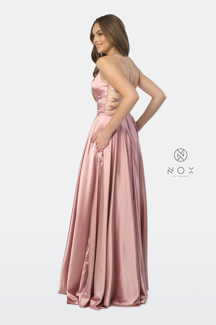 Long Satin V-Neck Dress with Open Caged Back by Nox Anabel A180-Long Formal Dresses-ABC Fashion