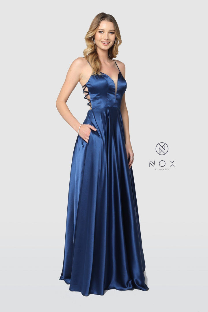 Long Satin V-Neck Dress with Open Caged Back by Nox Anabel A180-Long Formal Dresses-ABC Fashion