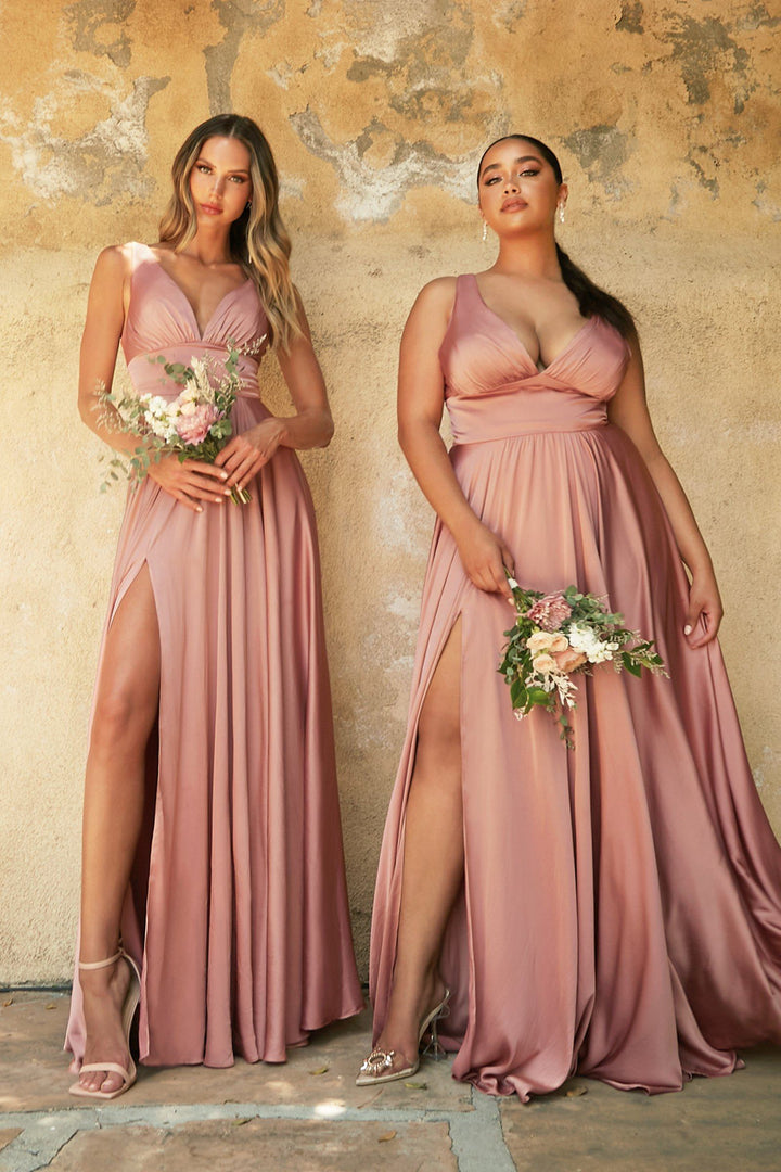 Long Satin V-Neck Dress with Slit by Cinderella Divine 7469