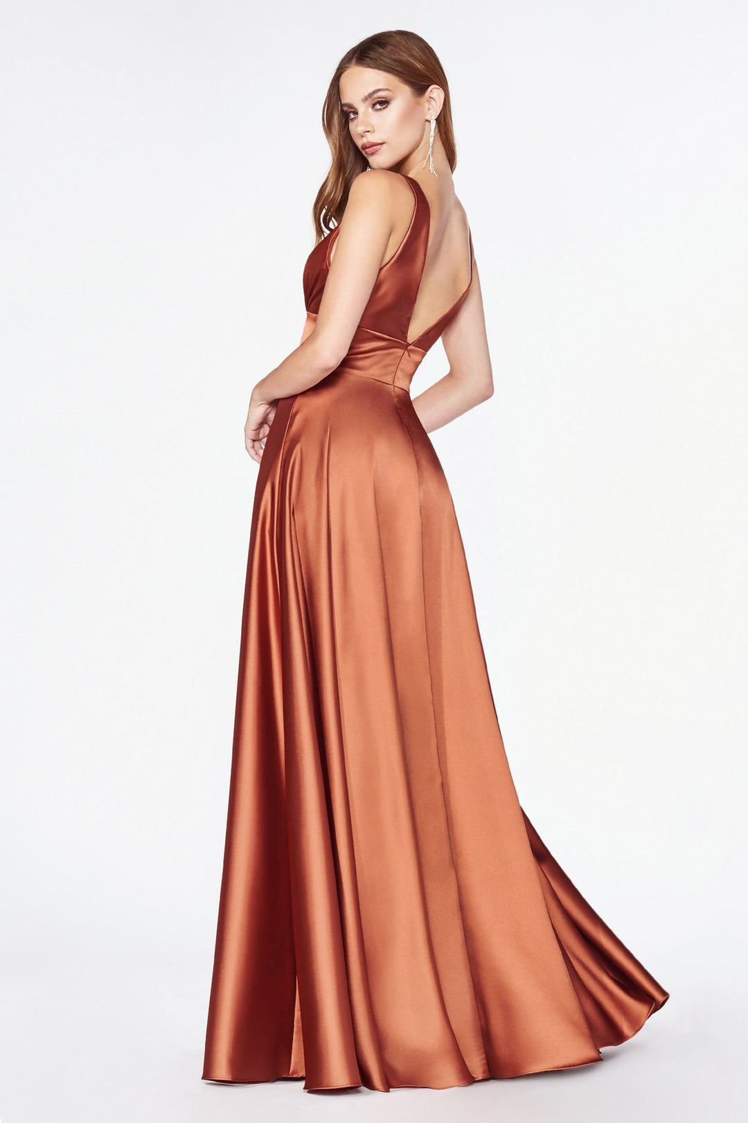 Long Satin V-Neck Dress with Slit by Cinderella Divine 7469