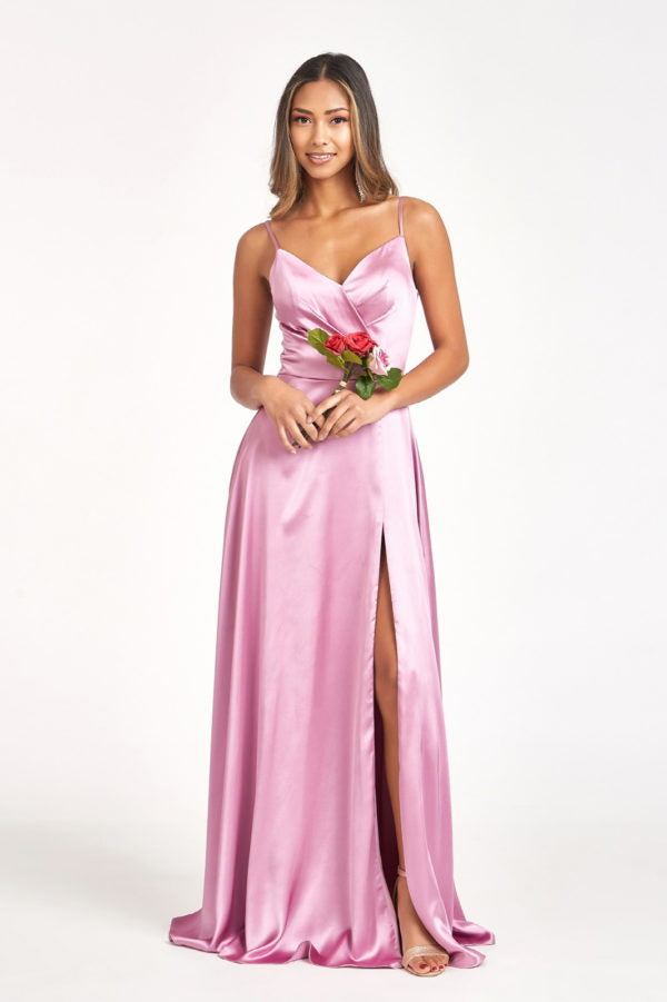 Long Satin V-Neck Slit Dress by Elizabeth K GL1993