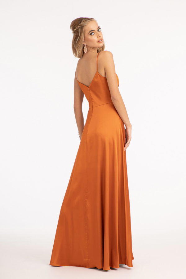 Long Satin V-Neck Slit Dress by Elizabeth K GL1993