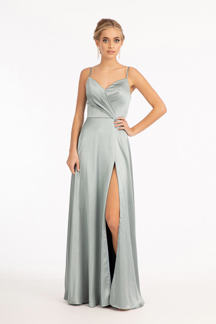 Long Satin V-Neck Slit Dress by Elizabeth K GL1993