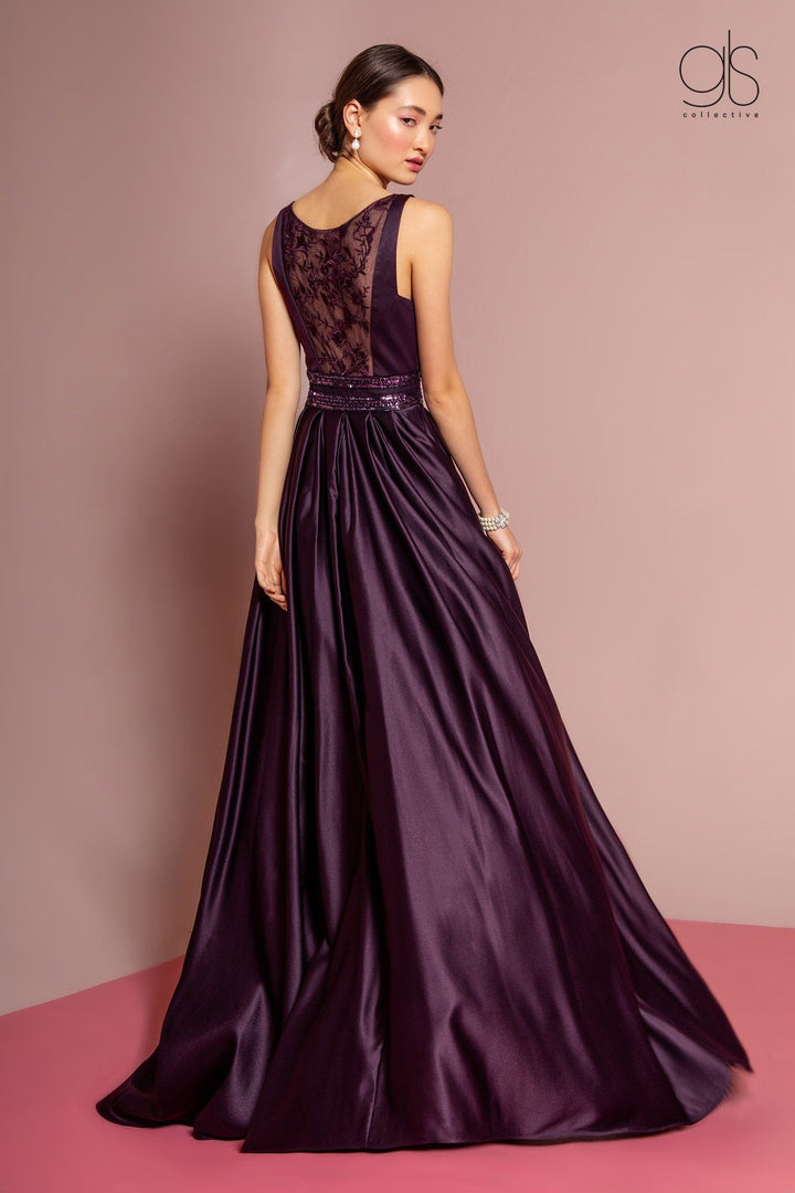 Long Scoop Neck Dress with Embroidered Sheer Back by Elizabeth K GL2531-Long Formal Dresses-ABC Fashion