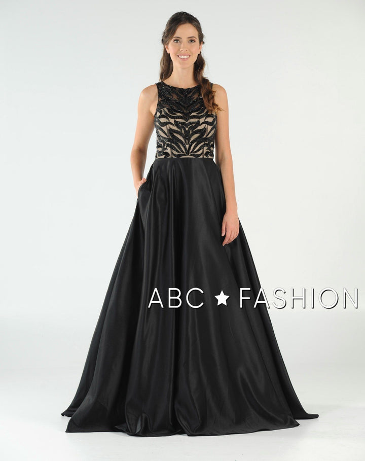Long Sequin Bodice Dress with Side Pockets by Poly USA 8032-Long Formal Dresses-ABC Fashion
