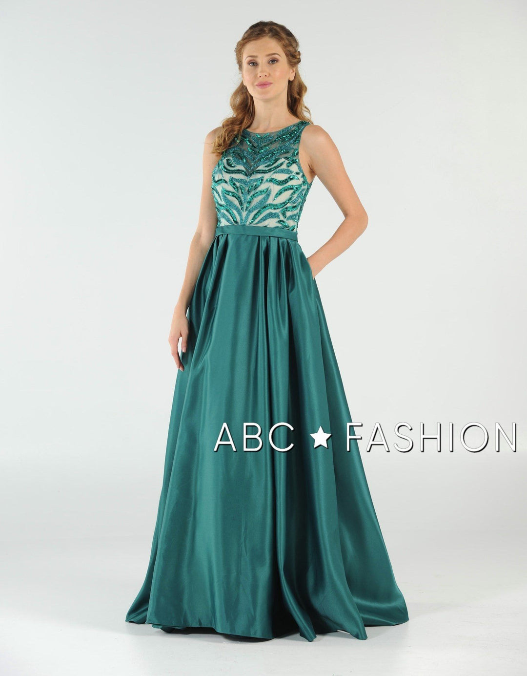 Long Sequin Bodice Dress with Side Pockets by Poly USA 8032-Long Formal Dresses-ABC Fashion