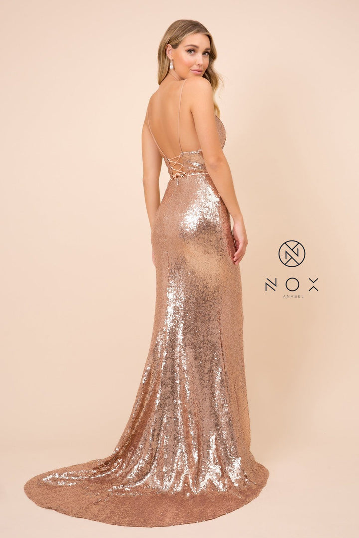 Long Sequin Dress with Corset Open Back by Nox Anabel R350