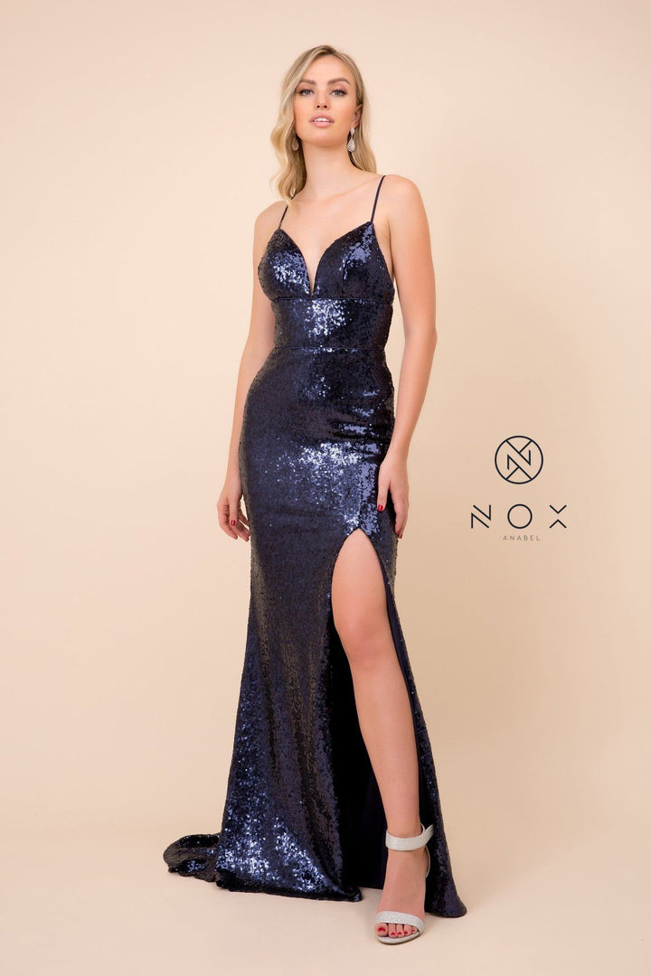 Long Sequin Dress with Corset Open Back by Nox Anabel R350