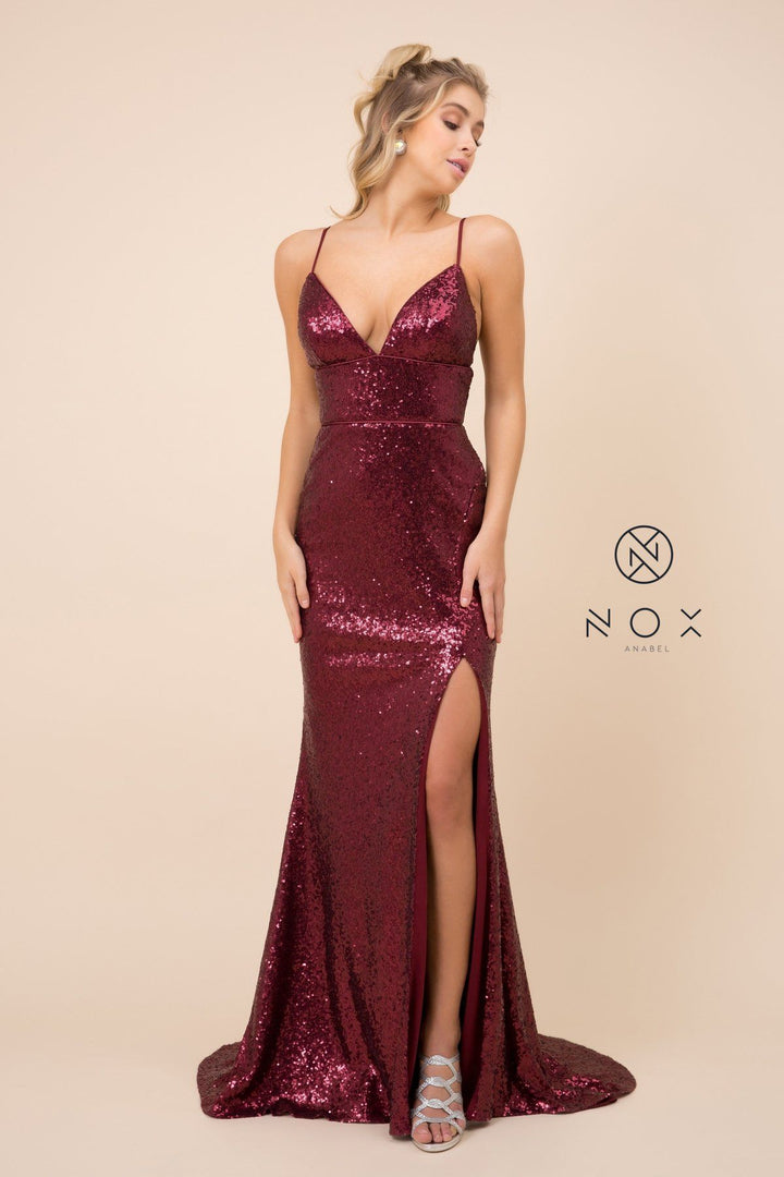 Long Sequin Dress with Corset Open Back by Nox Anabel R350