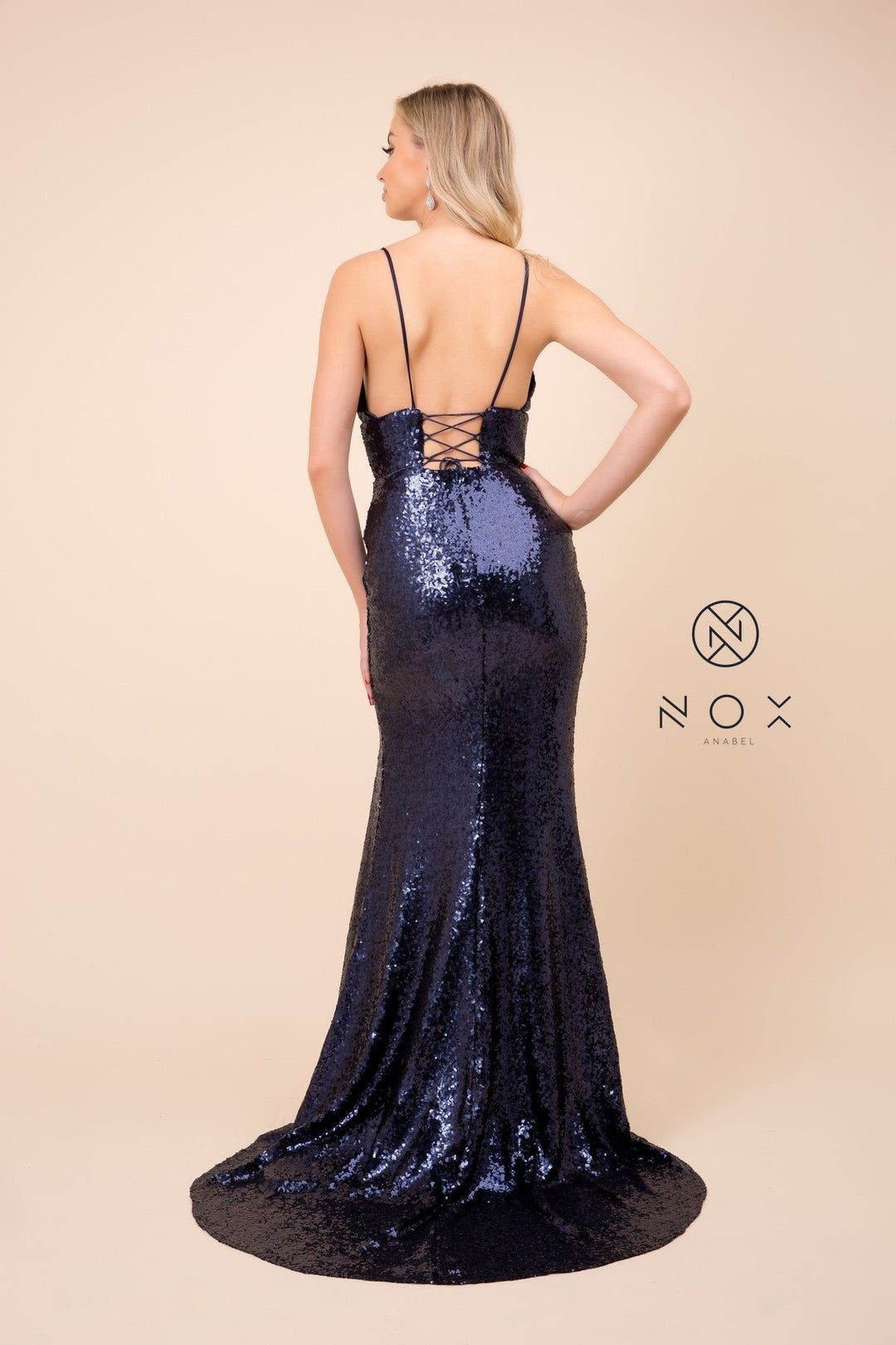Long Sequin Dress with Corset Open Back by Nox Anabel R350