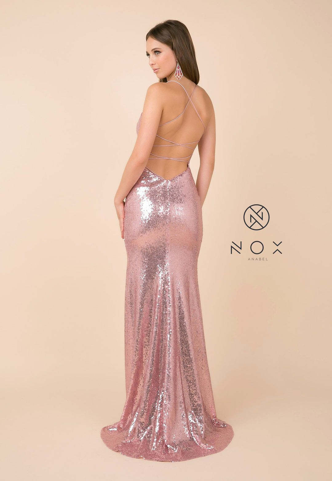 Long Sequin Dress with Open Corset Back by Nox Anabel B207-Long Formal Dresses-ABC Fashion