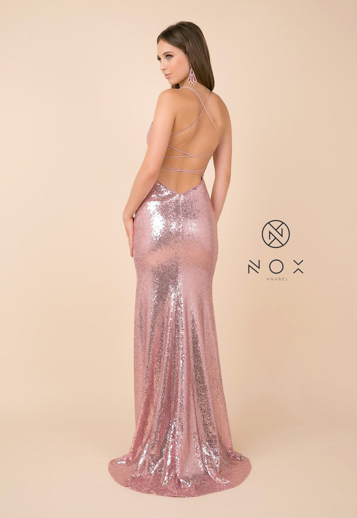 Long Sequin Dress with Open Corset Back by Nox Anabel B207-Long Formal Dresses-ABC Fashion
