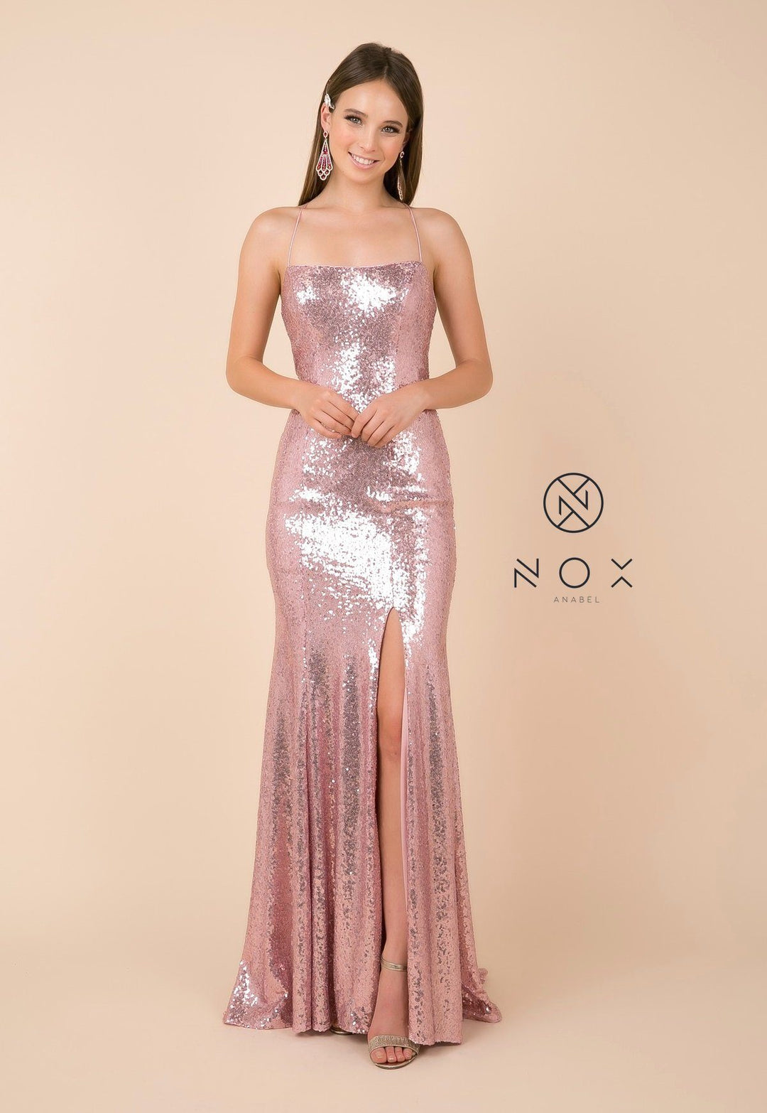 Long Sequin Dress with Open Corset Back by Nox Anabel B207-Long Formal Dresses-ABC Fashion