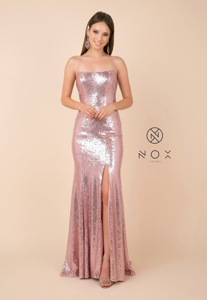 Long Sequin Dress with Open Corset Back by Nox Anabel B207-Long Formal Dresses-ABC Fashion