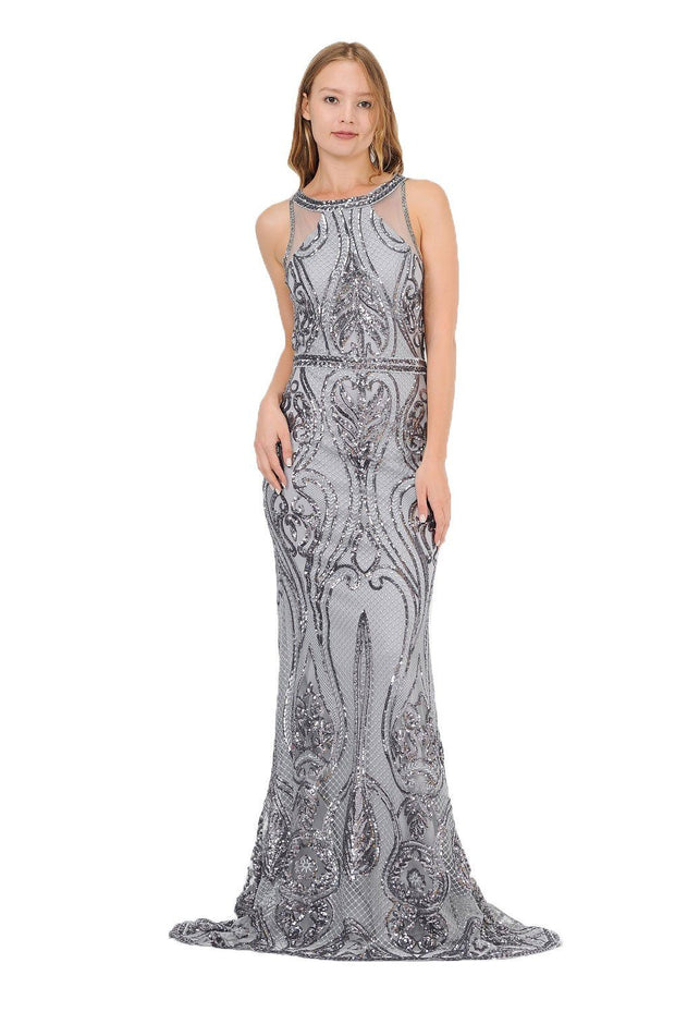 Long Sequin Embroidered Dress with Back Cut Out by Poly USA 8438-Long Formal Dresses-ABC Fashion
