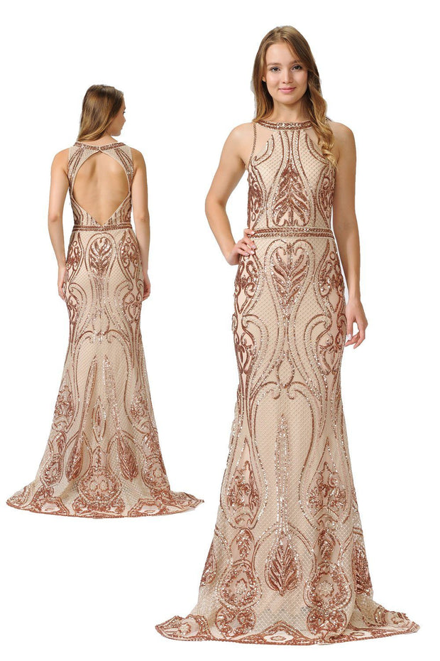 Long Sequin Embroidered Dress with Back Cut Out by Poly USA 8438-Long Formal Dresses-ABC Fashion