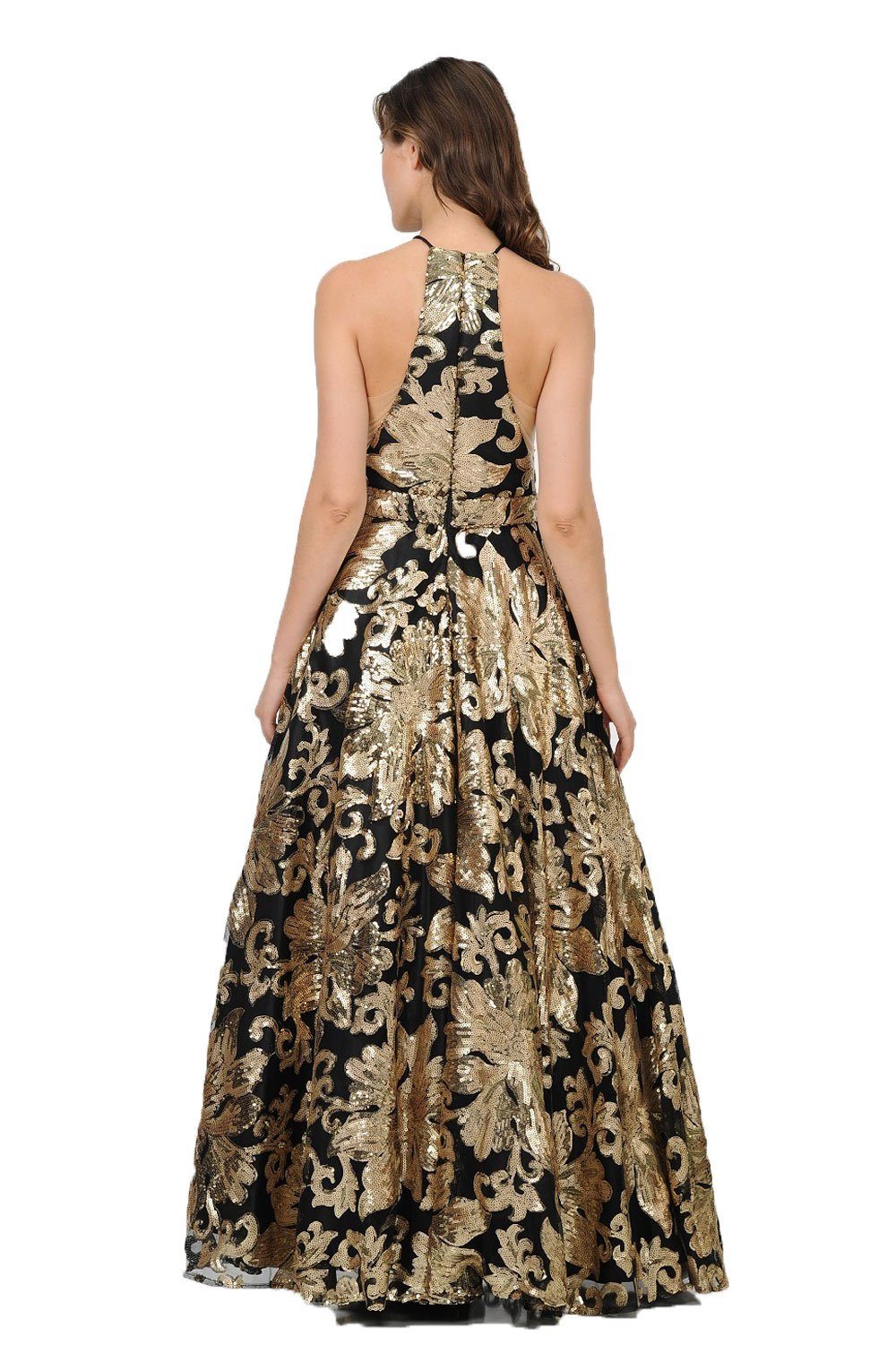 Long Sequin Pattern High-Neck Dress by Poly USA 8332-Long Formal Dresses-ABC Fashion