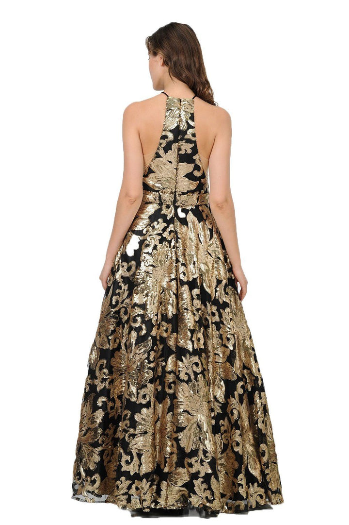 Long Sequin Pattern High-Neck Dress by Poly USA 8332-Long Formal Dresses-ABC Fashion