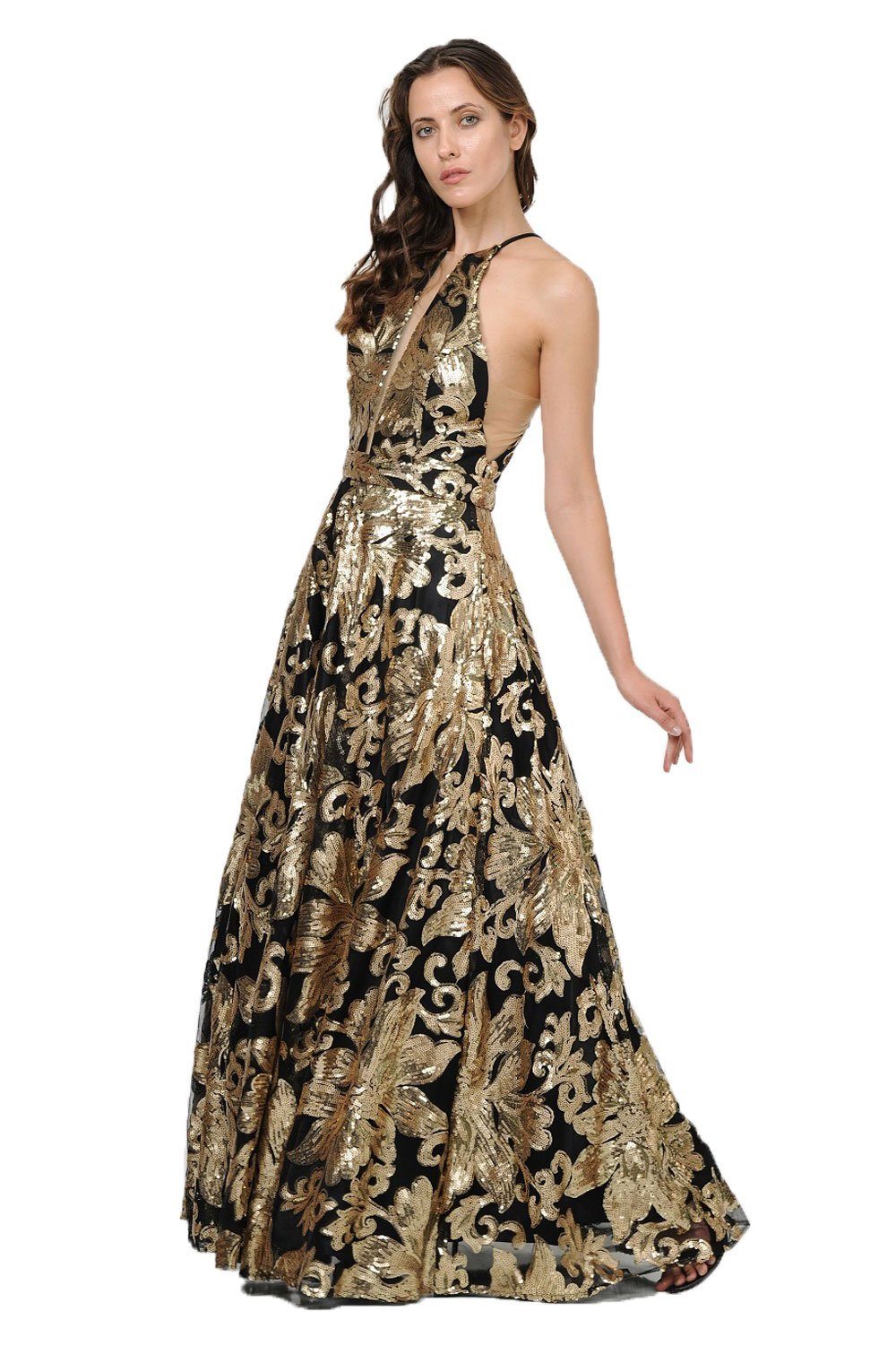 Long Sequin Pattern High-Neck Dress by Poly USA 8332-Long Formal Dresses-ABC Fashion