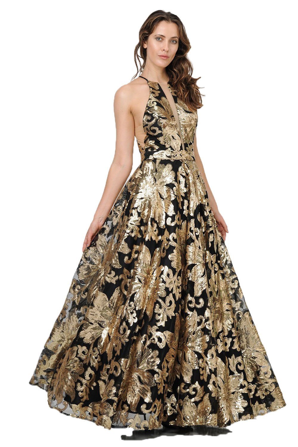 Long Sequin Pattern High-Neck Dress by Poly USA 8332-Long Formal Dresses-ABC Fashion