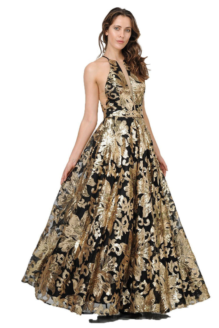 Long Sequin Pattern High-Neck Dress by Poly USA 8332-Long Formal Dresses-ABC Fashion