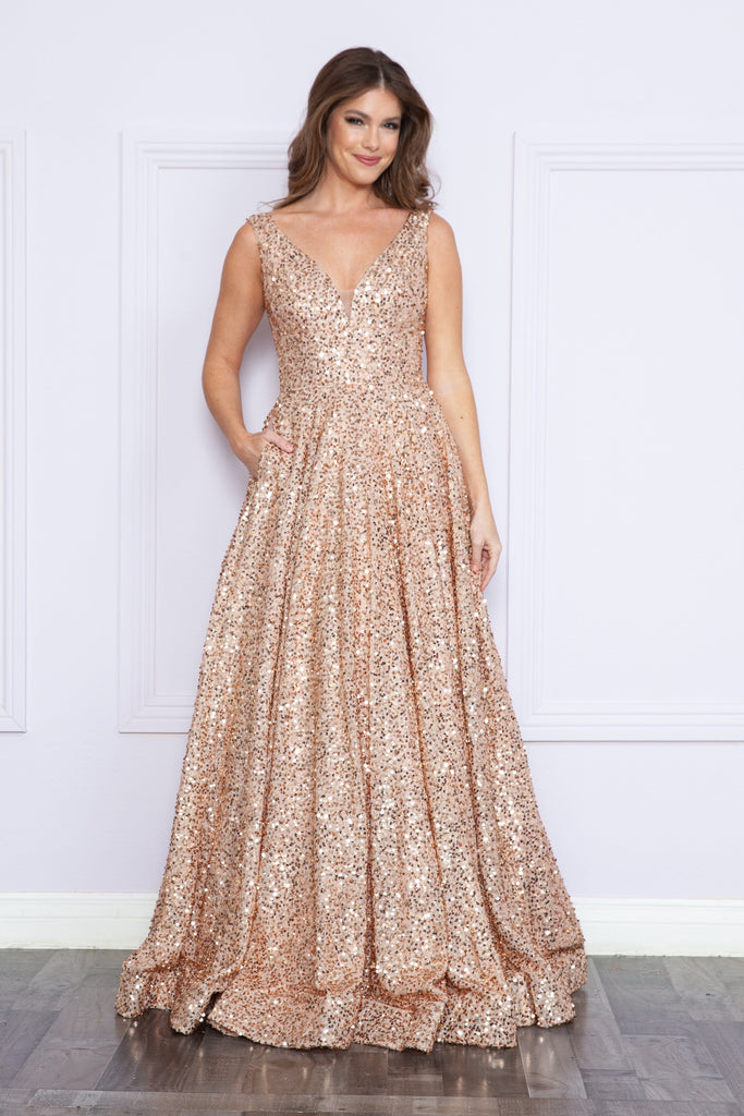 rose gold v neck sequin dress Sequin V Neck Lace Up Back Prom Dress 49375