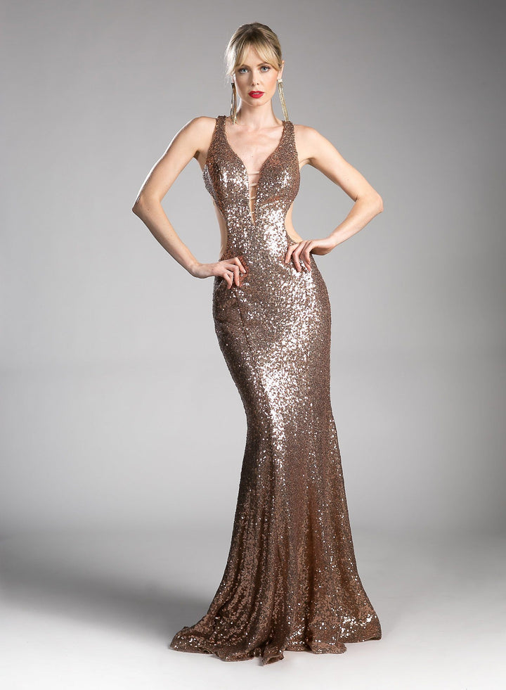 Long Sequined Dress with Back Cut Out by Cinderella Divine CR815-Long Formal Dresses-ABC Fashion