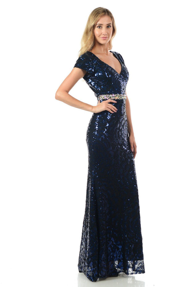 Long Sequined Dress with Short Sleeves by Lenovia 5153-Long Formal Dresses-ABC Fashion