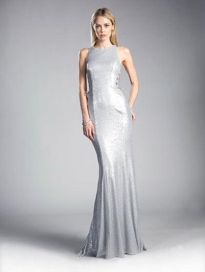 Long Sequined Dress with Side Cut Outs by Cinderella Divine 84977-Long Formal Dresses-ABC Fashion