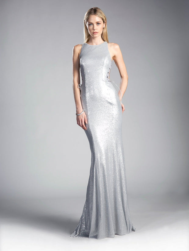 Long Sequined Dress with Side Cut Outs by Cinderella Divine 84977-Long Formal Dresses-ABC Fashion