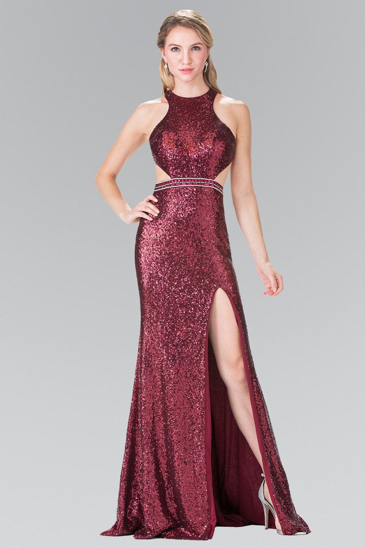 Long Sequined Halter Dress with Side Slit by Elizabeth K GL2278-Long Formal Dresses-ABC Fashion