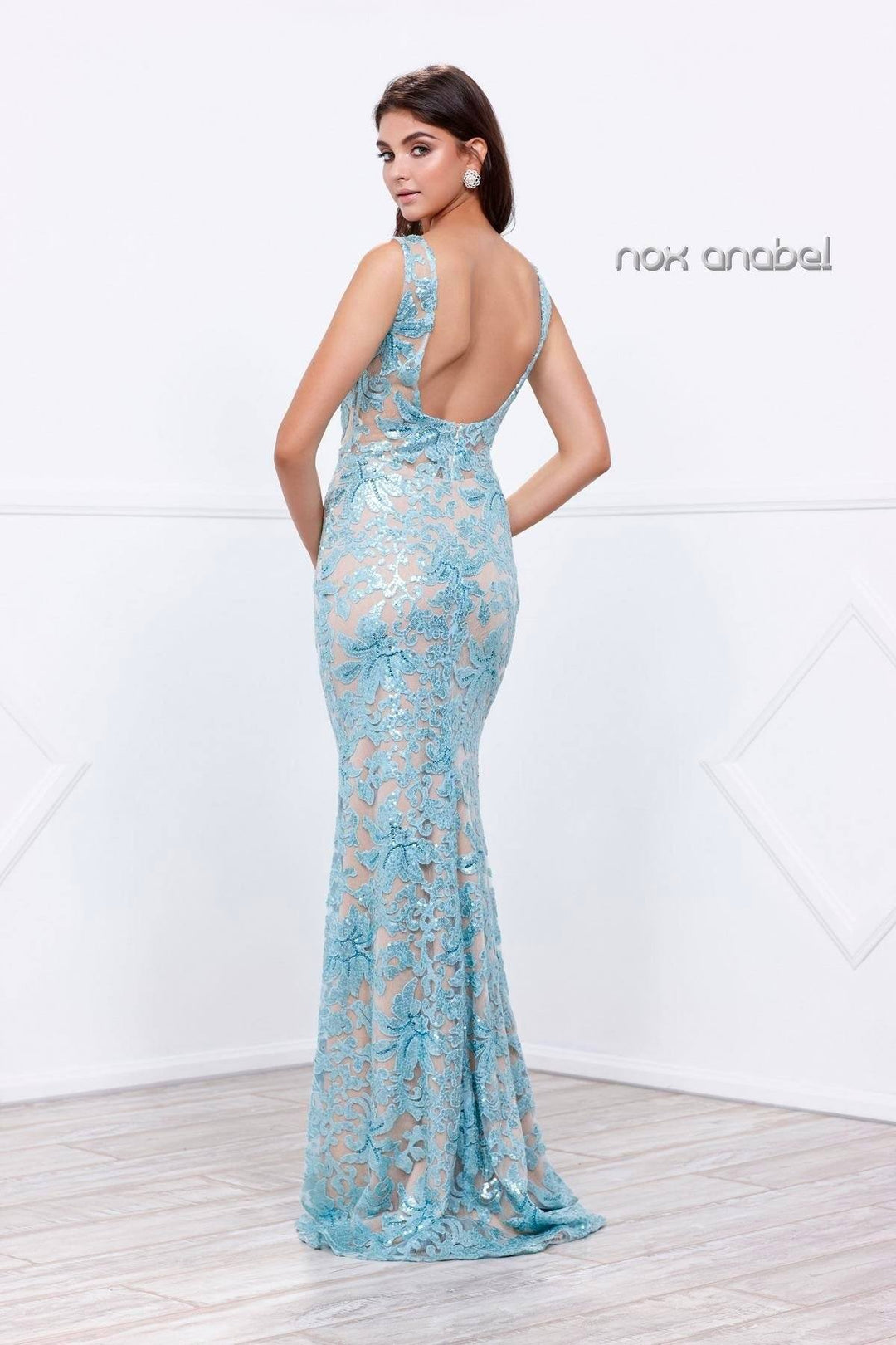 Long Sequined Metallic Lace Dress by Nox Anabel 8260-Long Formal Dresses-ABC Fashion