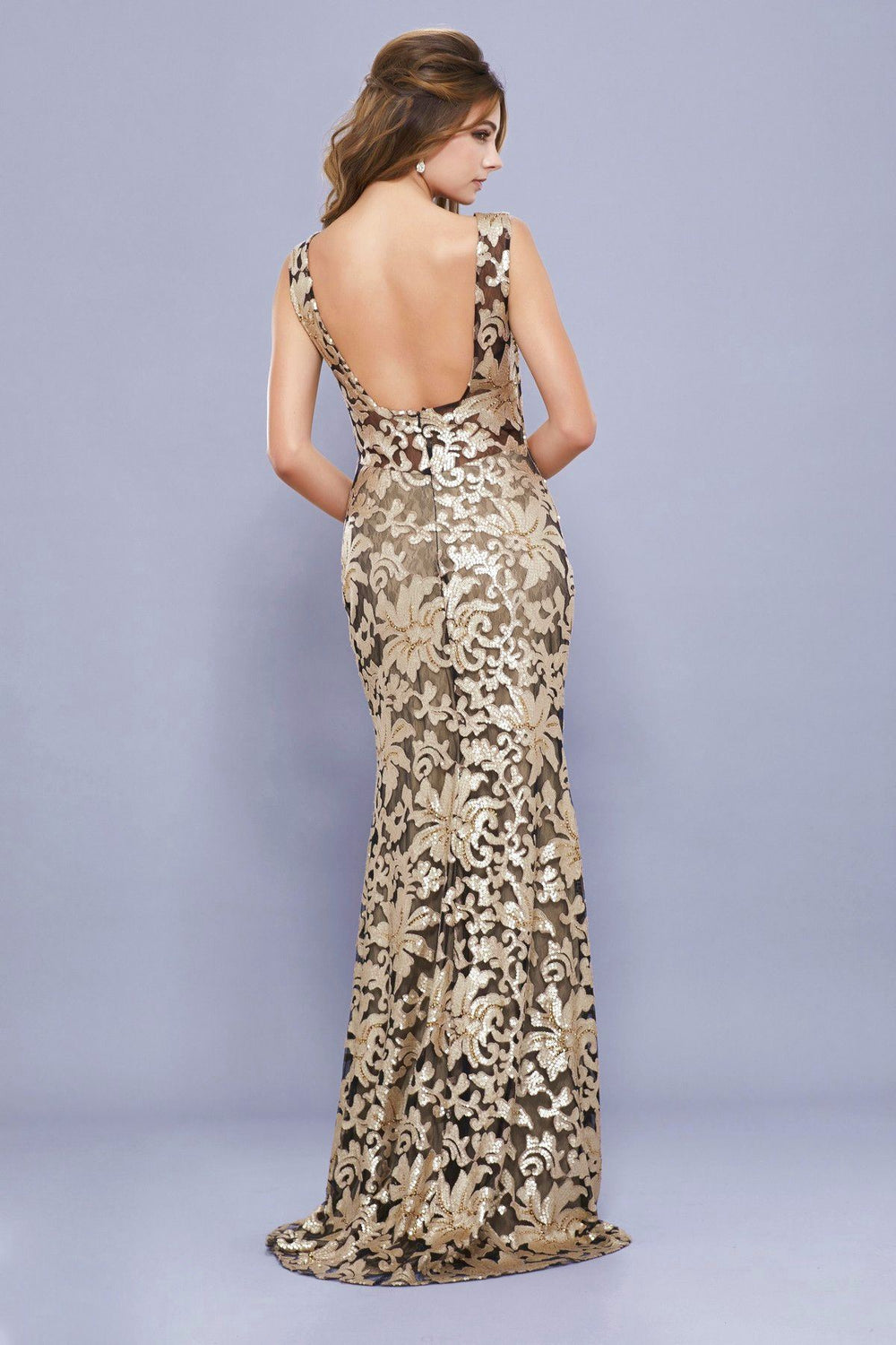 Long Sequined Metallic Lace Dress by Nox Anabel 8260-Long Formal Dresses-ABC Fashion