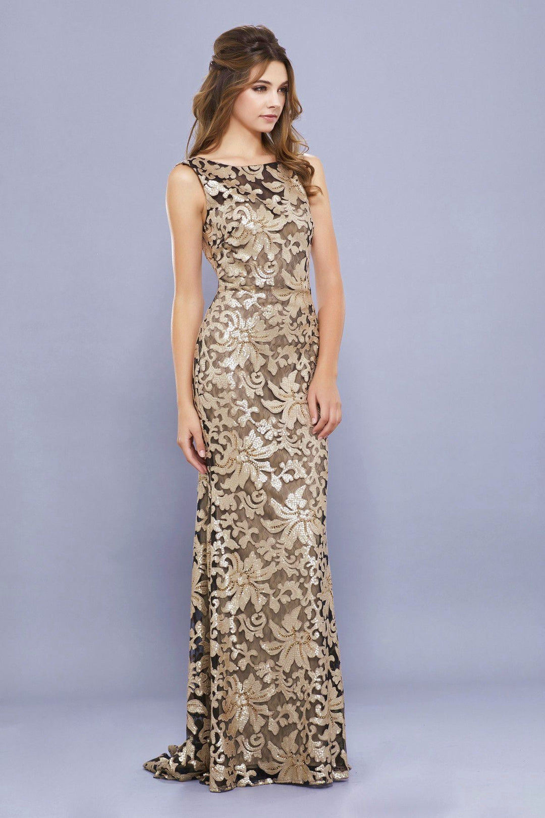 Long Sequined Metallic Lace Dress by Nox Anabel 8260-Long Formal Dresses-ABC Fashion
