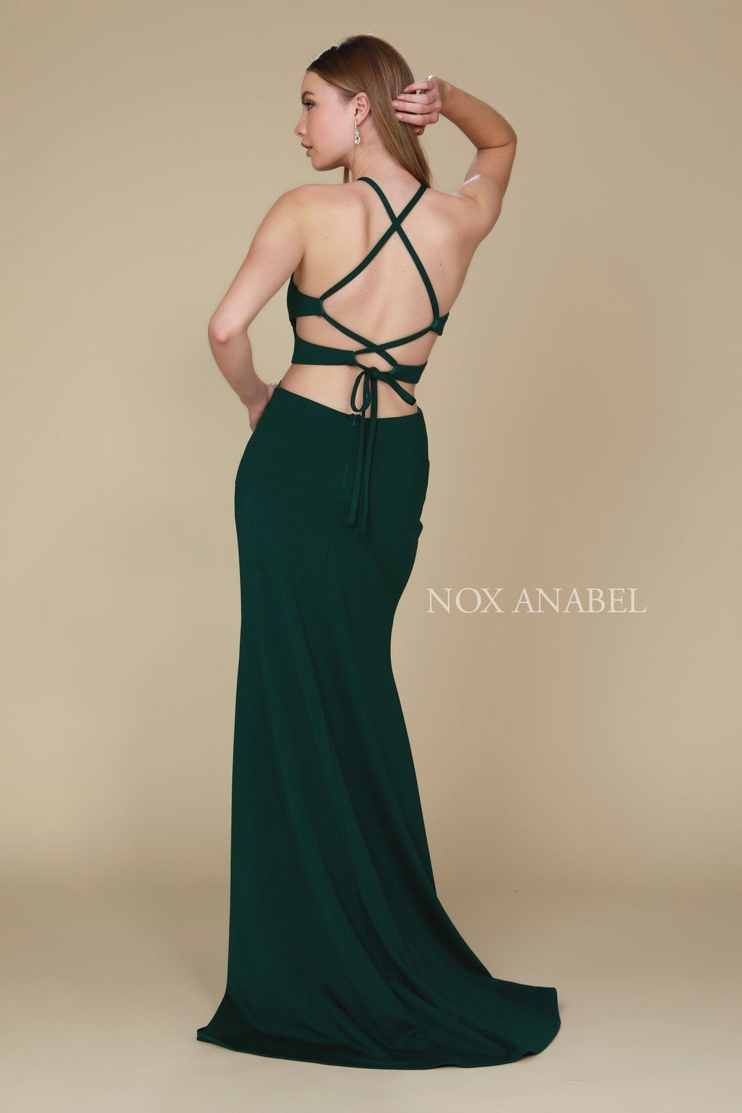 Long Sexy Cutout Dress with Lace-Up Back by Nox Anabel C026-Long Formal Dresses-ABC Fashion