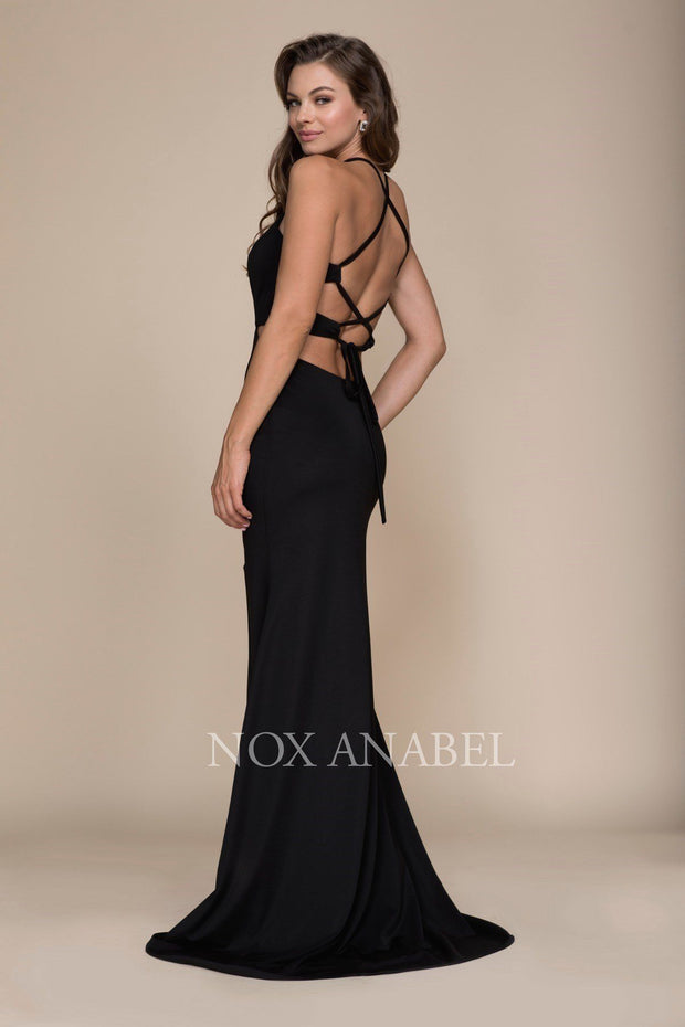 Long Sexy Cutout Dress with Lace-Up Back by Nox Anabel C026-Long Formal Dresses-ABC Fashion