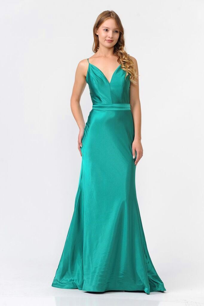 Long Shiny Charmeuse Dress with V-Neckline by Poly USA 9028-Long Formal Dresses-ABC Fashion