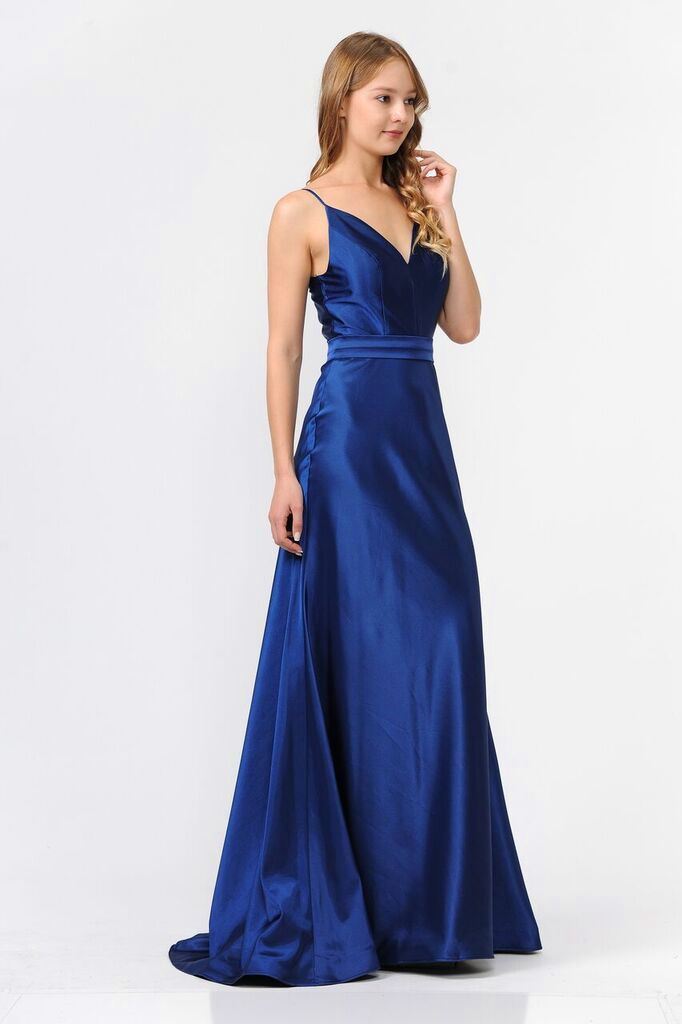 Long Shiny Charmeuse Dress with V-Neckline by Poly USA 9028-Long Formal Dresses-ABC Fashion