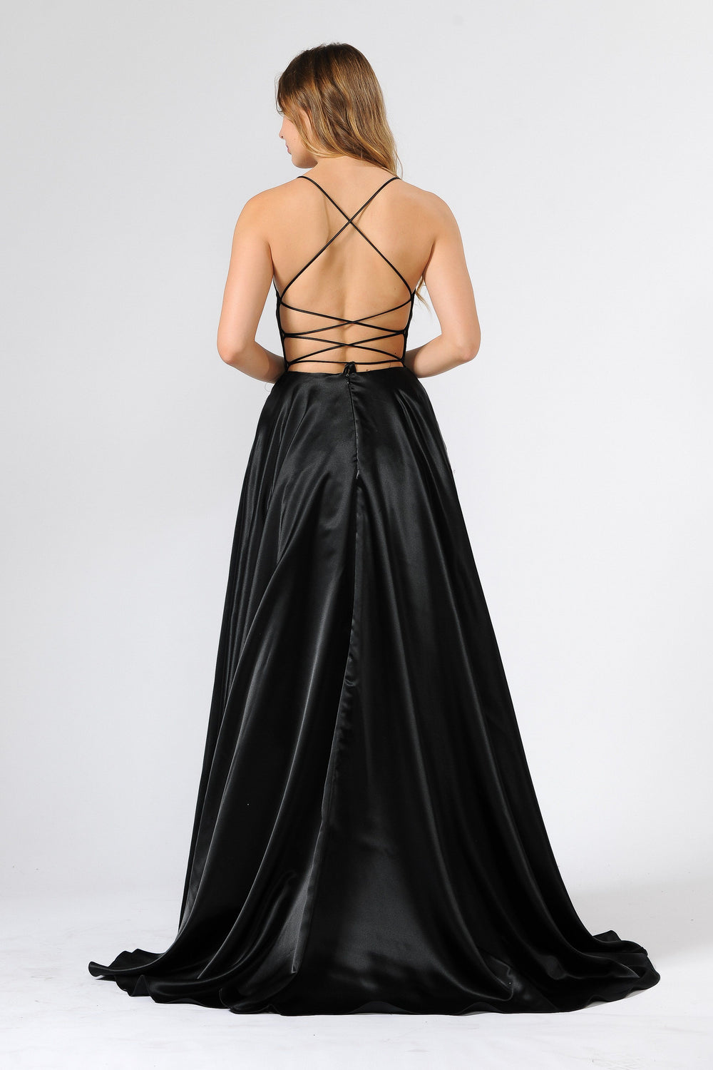 Long Shiny Satin Dress with Open Corset Back by Poly USA 9044-Long Formal Dresses-ABC Fashion