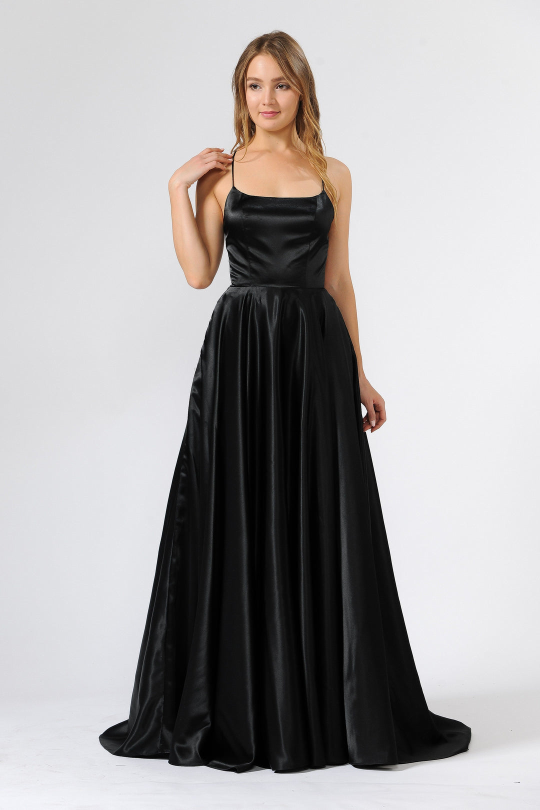Long Shiny Satin Dress with Open Corset Back by Poly USA 9044-Long Formal Dresses-ABC Fashion